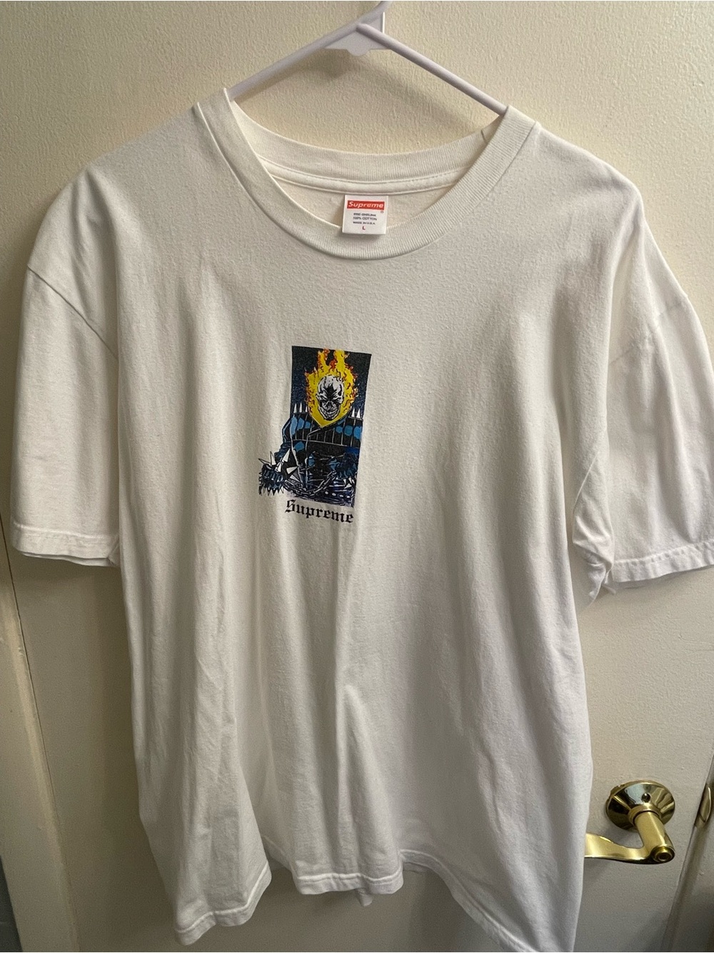 Supreme White Graphic Flame Skull Tee, 100% cotton